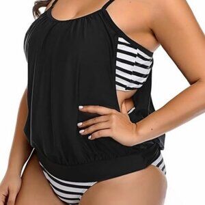 2-piece tankini set in black and striped top with briefs NEW